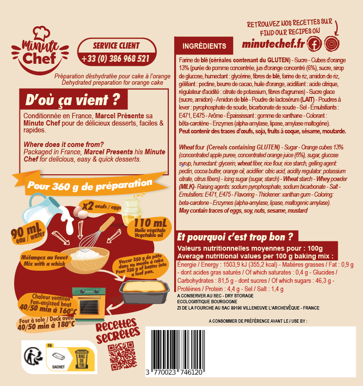 Préparation pour Cake à l’Orange – Minute Chef – 360 g – Moelleux et Fruité