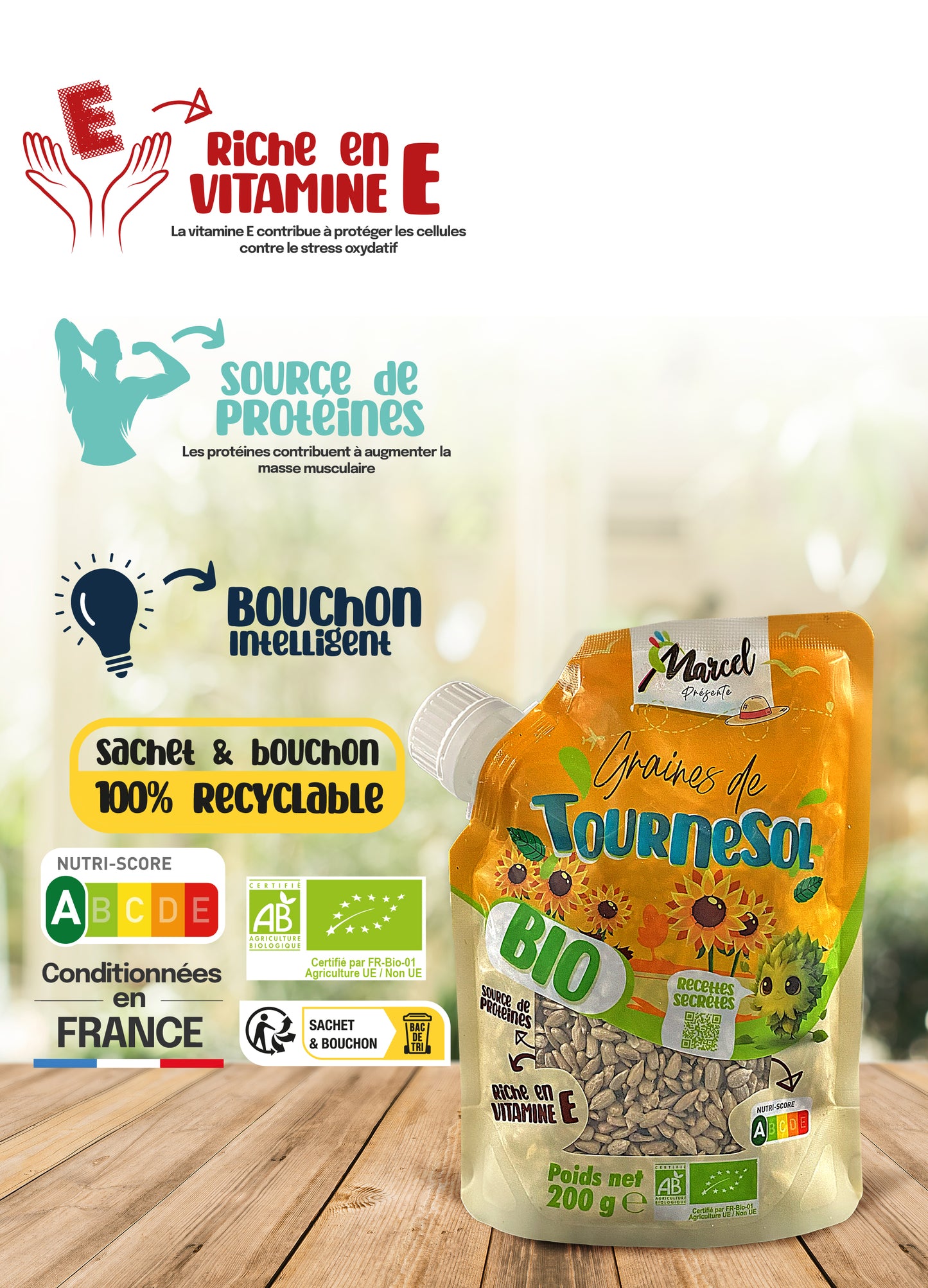 Graines de Tournesol Bio Décortiquées – 200g – Riche en Vitamine E et Protéines